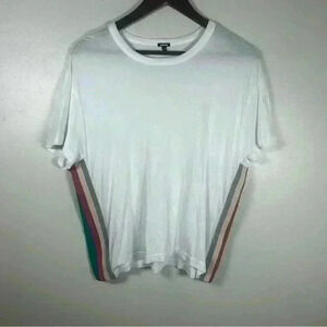 MONROW White T Shirt Crew‎ Neck Short Sleeve Striped Accent Women's Medium
